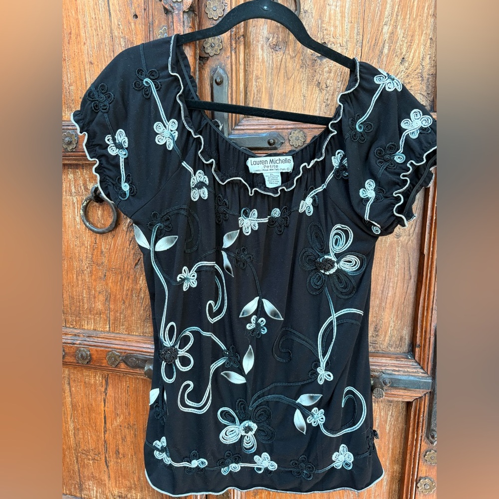 Lauren Michelle Black Top with White Embroidered Accents PL